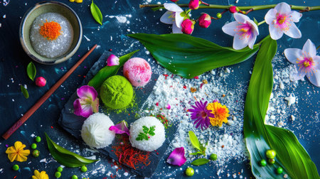 This stunning image showcases a beautifully arranged selection of colorful Asian desserts surrounded by delicate flowers and greenery, evoking a sense of artistry and culture.の素材