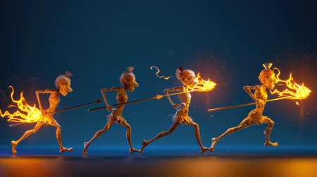 This vibrant animation features dynamic figures running with fire elements against a blue background, showcasing energy, creativity, and movement in art.の素材