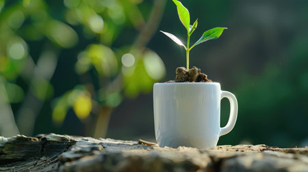 A delicate green seedling rises from fertile soil in a white mug, resting on a rustic wooden surface, captured in soft natural light.の素材