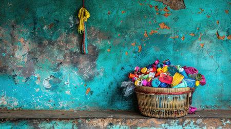 An artistic representation of colorful threads piled in a basket, set against a grungy teal wall. This image evokes creativity and craftsmanship, perfect for those who appreciate artisan environments.の素材
