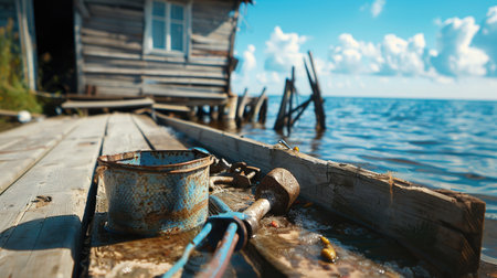 A picturesque view of a rustic wooden house positioned on a seaside dock, with a hammer and a bucket suggesting a fishing theme against a serene water backdrop.の素材