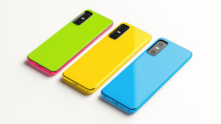 A vibrant trio of modern smartphones features bright green, yellow, and blue colors against a white background, ideal for technology-related projects.の素材