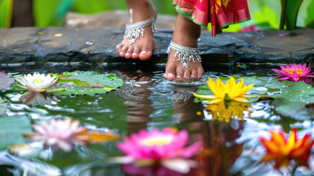 A serene scene showcasing graceful feet adorned with elegant jewelry stepping delicately on vibrant water lilies in a tranquil pond, evoking peace and beauty.の素材