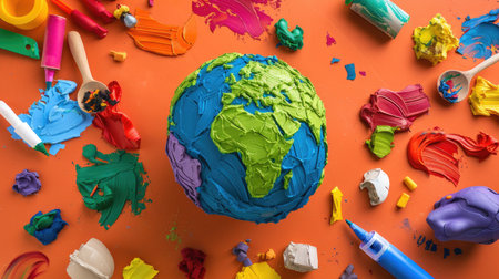 A vibrant and colorful model of the Earth, surrounded by various art supplies, showcasing creativity and imagination in a playful art session for kids.の素材
