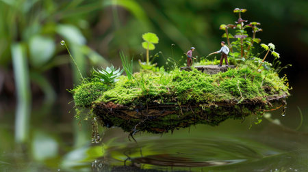 A captivating miniature scene displays figures on a floating green island, enhanced by lush moss, diverse plants, and serene water reflections.の素材