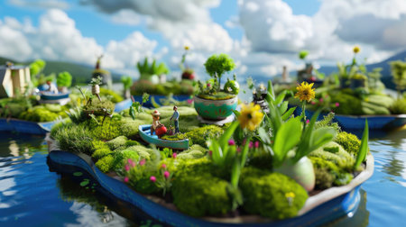 A whimsical scene featuring miniature garden islands adorned with lush greenery, tiny figures, and reflective water under a picturesque sky.の素材