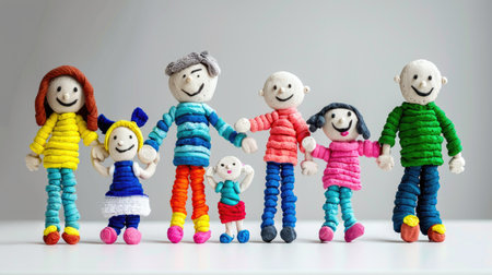 This vibrant collection of colorful clay figures represents a happy family holding hands in a joyful and playful setting, perfect for art and creativity themes.の素材