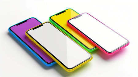 A collection of colorful mobile phones featuring bright protective cases, arranged on a clean white background with empty screens ready for graphic usage.の素材