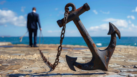 A rusty anchor rests on a scenic pier, while a businessman gazes thoughtfully at the ocean, embodying themes of reflection and journeys by the sea.の素材