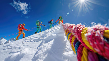 A thrilling scene captures a team of mountaineers climbing a snowy peak, using colorful ropes under a bright sun, showcasing teamwork and adventure.の素材