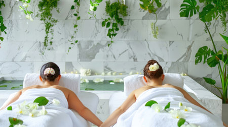 Two women enjoy a peaceful spa experience, receiving massages in a lush, green environment adorned with flowers and calming decor, promoting relaxation and rejuvenation.の素材