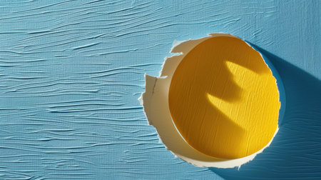 This striking image features a bright yellow circle emerging from a textured blue wall, with a torn paper edge that creates a captivating visual contrast.の素材