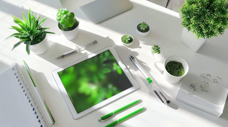 This image showcases a modern workspace featuring a digital tablet surrounded by vibrant green plants on a bright white desk, emphasizing a serene and productive atmosphere.の素材