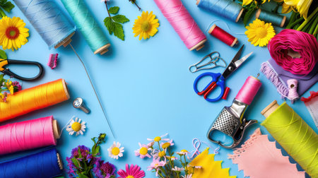 A bright and colorful arrangement of sewing supplies surrounded by vibrant flowers, perfect for inspiring creativity in craft projects and designs.の素材