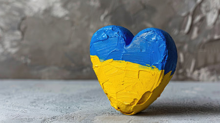 A heart shaped object painted in vibrant blue and yellow, representing love and unity, perfect for conveying support and artistic expression for Ukraine.の素材