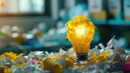 A creative workspace shows a playful light bulb made of shredded paper emerging from a colorful pile, symbolizing innovation and bright ideas in design.の素材