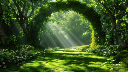 A picturesque forest path illuminated by soft sunbeams filtering through the lush green foliage, creating a tranquil and serene atmosphere.の素材
