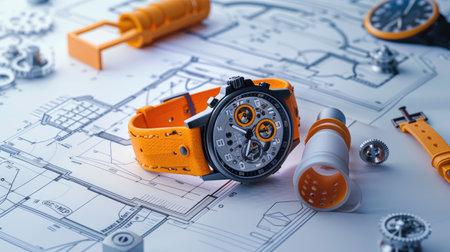 A vibrant orange watch positioned on detailed architectural blueprints, accompanied by tools and additional watches, symbolizing design, precision, and creativity.の素材