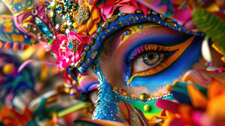 A stunning close-up of an eye adorned with a richly decorated carnival mask featuring vibrant colors and intricate floral designs for festive occasions.の素材