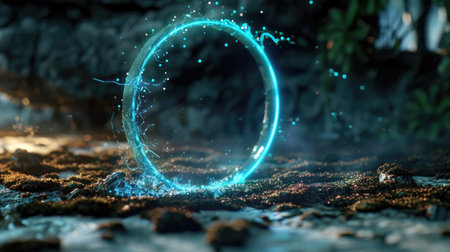 A captivating blue energy portal stands out in a mystical forest, surrounded by rich foliage and soft mist, creating an enchanting atmosphere full of intrigue.の素材