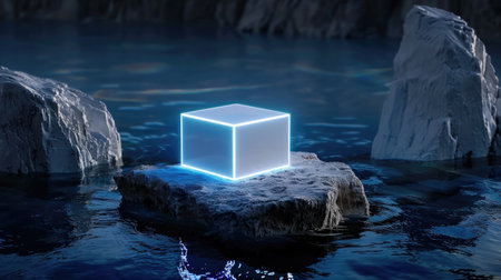 A mesmerizing glowing cube rests on a rocky island amidst calm waters, surrounded by dark stone formations, creating a serene and surreal atmosphere.の素材