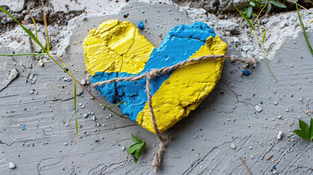 This artistic image features a heart-shaped clay piece painted in blue and yellow, resting on a concrete surface with natural elements around it, symbolizing creativity and emotion.の素材