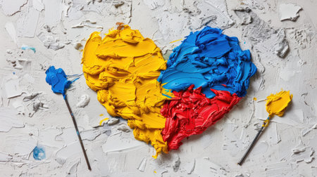 This vibrant heart shape made from blue and yellow paint showcases artistic expression on a textured surface, symbolizing love and creativity.の素材