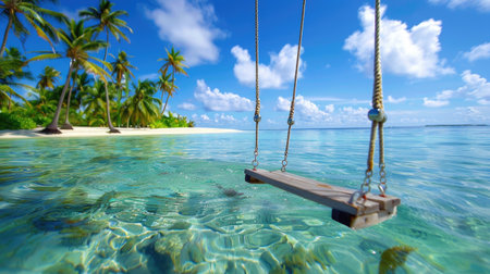 A stunning tropical scene featuring a wooden swing suspended above crystal clear water, surrounded by lush palm trees and a vibrant sky, perfect for relaxation.の素材