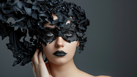 This captivating portrait features a woman adorned with an intricate black mask and dramatic hair, highlighting the artistry and elegance in modern beauty fashion.の素材