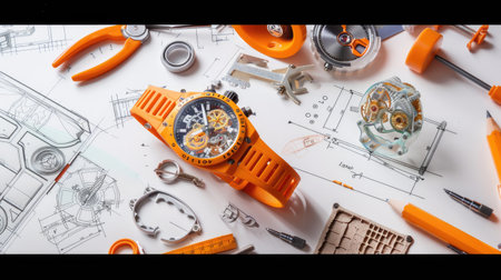 This image features a striking orange watch amidst an array of technical drawings and tools, highlighting the intricate art of watchmaking and design.の素材