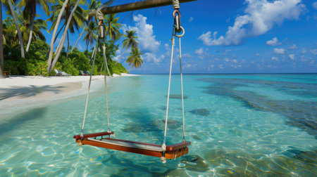 A tranquil beach scene featuring a wooden swing gently swaying over clear blue water. Lush palm trees frame the idyllic setting, embodying tropical paradise. Perfect for relaxation and escape.の素材