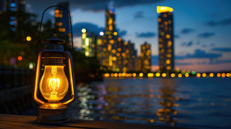 A vintage lantern cast a warm glow beside the water, perfectly contrasting with the vibrant city skyline at twilight. This serene image captures the beauty of urban life at dusk.の素材