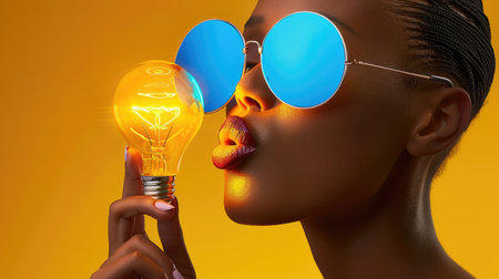 A captivating portrait of a woman wearing stylish sunglasses and holding a glowing light bulb, symbolizing creativity and inspiration against a vivid yellow backdrop.の素材