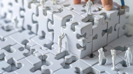 A close-up view of a human hand placing a puzzle piece among small figures on a table. This image represents teamwork and the innovative approach to problem solving.の素材