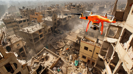 This striking image captures a drone flying over a devastated urban area, showcasing destroyed buildings and rubble. The aerial perspective highlights the extent of destruction, reflecting the aftermath of a catastrophic event.の素材