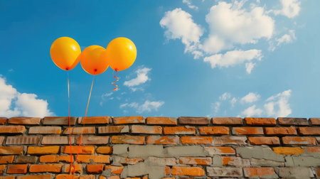 This image captures three bright yellow balloons gently floating against a backdrop of a clear blue sky, featuring fluffy white clouds and a rustic brick wall.の素材
