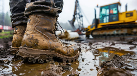 A close-up view of muddy work boots, situated in a waterlogged construction site with heavy machinery in the background, showcasing rugged durability.の素材