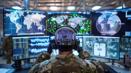 A military personnel focuses on advanced technology in a command center, analyzing global data and satellite imagery on multiple screens designed for strategic operations.の素材