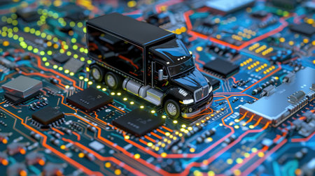 A detailed miniature truck sits atop a colorful circuit board, symbolizing the intersection of technology and transportation in today's digital age.の素材