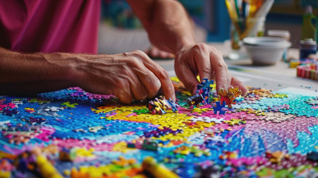A close-up view of hands skillfully putting together colorful puzzle pieces on a bright table, surrounded by art supplies, capturing creativity and focus.の素材