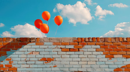 Vibrant orange balloons float above a textured brick wall, creating a cheerful scene against a blue sky filled with fluffy clouds. Perfect for summer themes.の素材