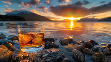 A glass of whiskey sits on a bed of rocks beside tranquil water as the sun sets behind distant mountains, creating a serene ambiance perfect for relaxation.の素材