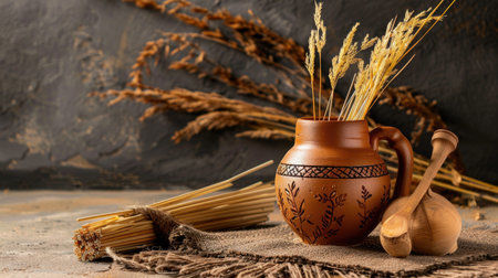 A charming arrangement of a rustic pottery vase filled with dried wheat, surrounded by wooden utensils, creating a warm and inviting kitchen scene.の素材