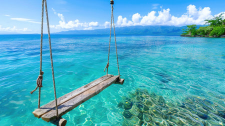 Experience the beauty of a tranquil tropical landscape featuring a wooden swing over crystal clear water, framed by stunning mountains and blue skies.の素材