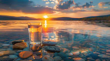 A beautifully composed image featuring a glass of clear water resting on colorful rocks beside a tranquil lake. The sunset casts stunning reflections on the water, enhancing the serene atmosphere.の素材