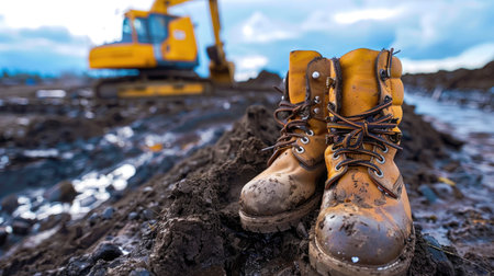 A pair of yellow work boots sits on muddy terrain, showcasing the challenges of outdoor construction. Heavy machinery is present in the background under a dramatic sky.の素材