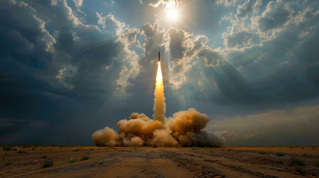 A stunning image capturing the moment a rocket launches into a cloudy sky, with vibrant sun rays illuminating the scene and a trail of smoke behind it.の素材