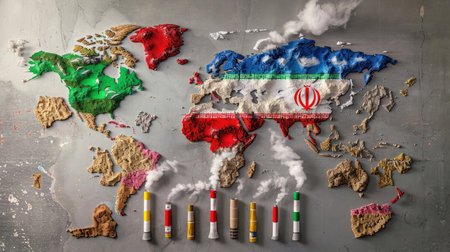 This artistic representation showcases a world map highlighting Iran's flag, surrounded by smoke stacks symbolizing industrial pollution and global environmental issues.の素材