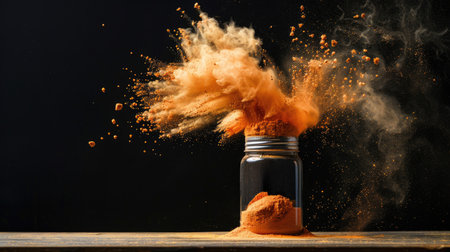 A striking image featuring an explosion of orange powder erupting from a glass jar against a dark background, showcasing dynamic motion and texture.の素材