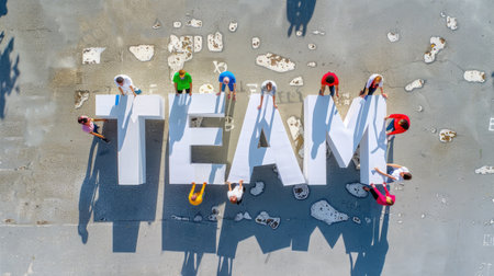 Aerial view of a diverse group of individuals creatively forming the word "TEAM" outdoors, showcasing unity and collaboration in a vibrant environment.の素材